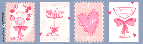 Vintage cocktail card set with pink bow decorations. Hand drawn posters with glasses tied with ribbons, Valentine hearts and fruits in coquette aesthetic for birthday or bachelorette party designs.