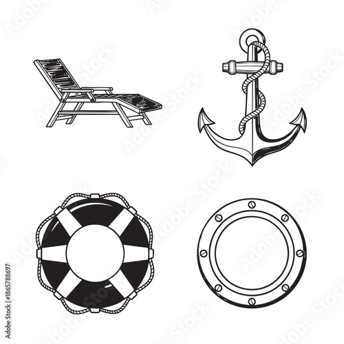 Set of nautical icons including anchor lifebuoy and portholes for maritime design