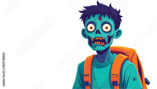 Cartoon Zombie Student with Backpack Illustration on White Background.