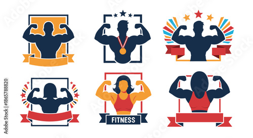 Set of six powerful fitness and bodybuilding emblems featuring silhouettes of muscular men and women posing, with ribbons and stars.
