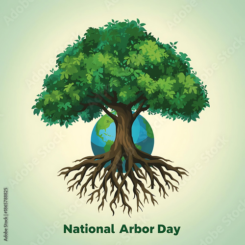 Art of Growing tree on globe on blue background. national Arbor Day banner