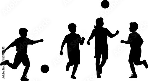 Silhouette of a group of children playing soccer on white background
