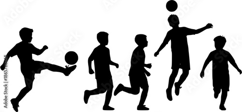 Silhouette of a group of children playing soccer on white background
