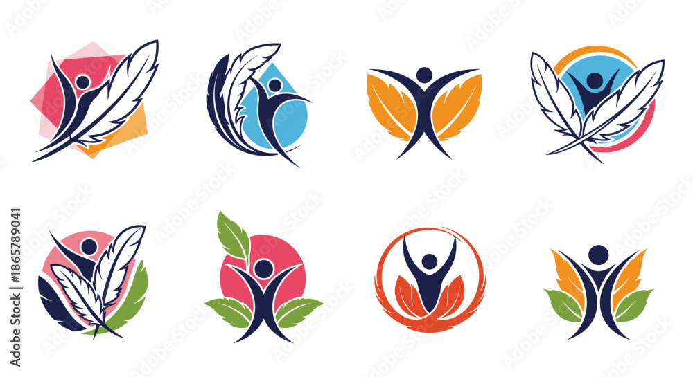 Obraz premium Collection of eight abstract and artistic logos symbolizing wellness and freedom, featuring human figures with leaves and feathers.
