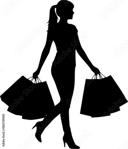 Silhouette of Woman Carrying Shopping Bags While Walking Isolated on White Background
