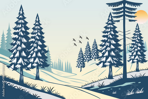 Winter Landscape with Snow-Covered Hills, Pine Trees sunrise and birds. Nature background for Christmas or New Year. Peaceful wintertime scene.