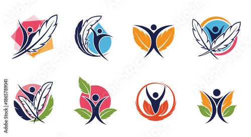 Collection of eight abstract and artistic logos symbolizing wellness and freedom, featuring human figures with leaves and feathers.