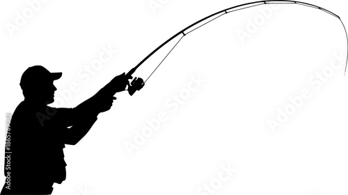 Silhouette of Fisherman Casting Fishing Rod Isolated on White Background
