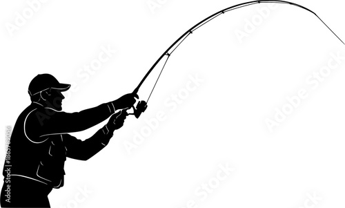 Silhouette of Fisherman Casting Fishing Rod Isolated on White Background

