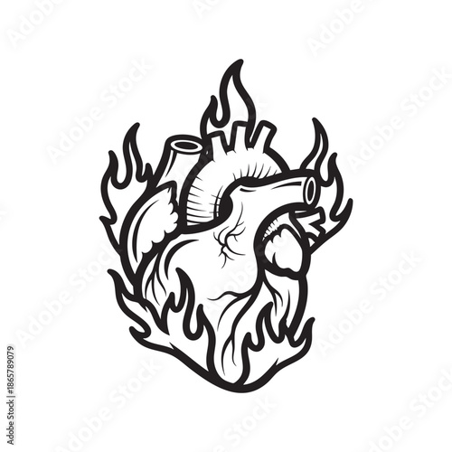 Stylized Burning Heart Illustration with Flames for Artistic Design