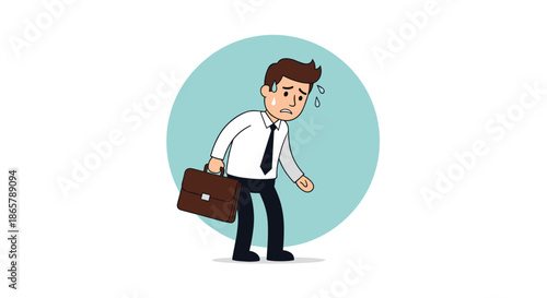 Stressed and exhausted cartoon businessman sweating and looking tired after a long day of hard work, isolated on a circle background.