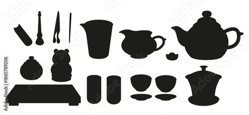 Traditional Chinese tea set silhouette collection in black. Includes teapot, cups, gaiwan, tea tools and tray in vector format for Asian tea ceremony and culture illustrations.