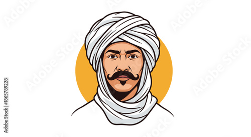 Striking illustrated portrait of a handsome man with a prominent mustache wearing a traditional white turban, on a yellow background.