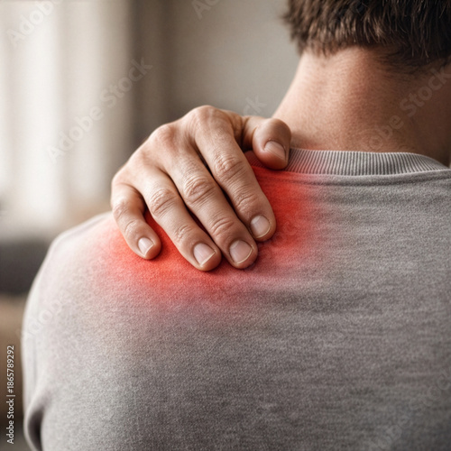 Douleur à l’épaule – homme se tenant l’épaule, concept de douleur musculaire