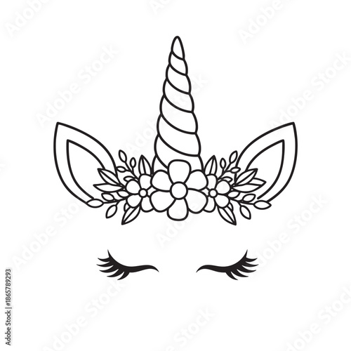 Unicorn face with floral horn and closed eyes illustration for childrens art projects