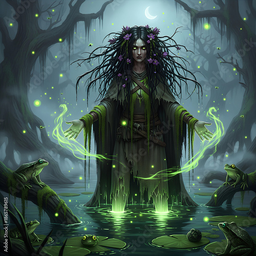 Dark swamp witch with glowing green eyes and flowers in hair standing in misty water with frogs