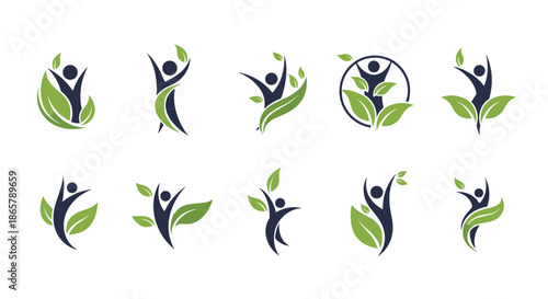 Large collection of ten wellness and natural health logos featuring abstract human figures in joyful poses with green leaves.