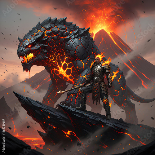 Fire warrior with flaming hair and a volcanic beast standing before an erupting volcano