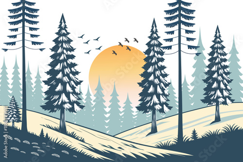 Winter Landscape with Snow-Covered Hills, Pine Trees sunrise and birds. Nature background for Christmas or New Year. Peaceful wintertime scene.