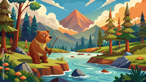 Brown bear fishing salmon in river surrounded by forest
