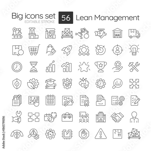 Lean management line icons set. Industrial processes, business management. Production organization, Supply chain. Isolated vector outline illustrations. Thin lineart iconset symbols. Editable stroke