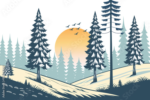 Winter Landscape with Snow-Covered Hills, Pine Trees sunrise and birds. Nature background for Christmas or New Year. Peaceful wintertime scene.