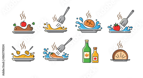 Collection of eight simple and colorful food and cooking icons, including various dishes being prepared on plates with utensils.