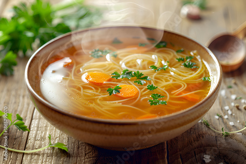Rosół z makaronem i lubczykiem w misce, domowa zupa na obiad, aromatyczny bulion z marchewką i natką.