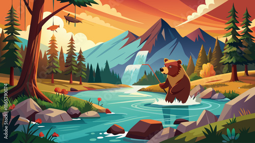 Brown bear fishing salmon in river surrounded by forest