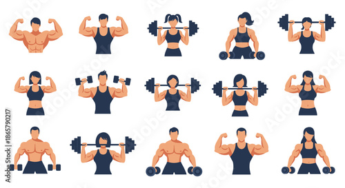 Large set of fifteen muscular men and women characters exercising with dumbbells and barbells, perfect for fitness and gym concepts.