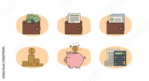 Collection of six financial and money-themed icons, including a wallet with cash, a piggy bank, coins, and a calculator.