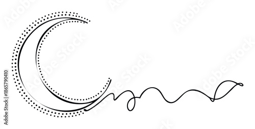 Minimalist line drawing of a crescent moon with dotted embellishment flowing into a continuous wavy line, ideal for serene graphic projects, ethereal branding, and elegant decorative