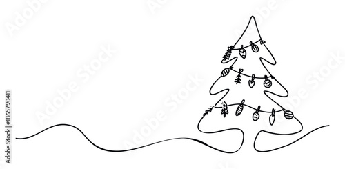 Minimalist continuous line drawing of a decorated Christmas tree with various ornaments, suitable for holiday season greetings, festive event promotions, and contemporary marketing content.