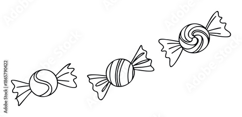 Three delightful outline candies with diverse swirl and stripe patterns, ideal for festive decorations, candy shop visuals, or sweetthemed childrens activities.