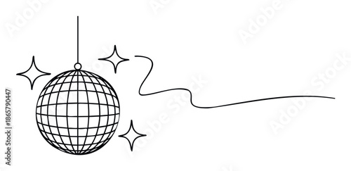 A vibrant outline drawing of a classic disco ball surrounded by sparkling star shapes and a dynamic wavy line, ideal for party invitations, event posters, and celebratory social media