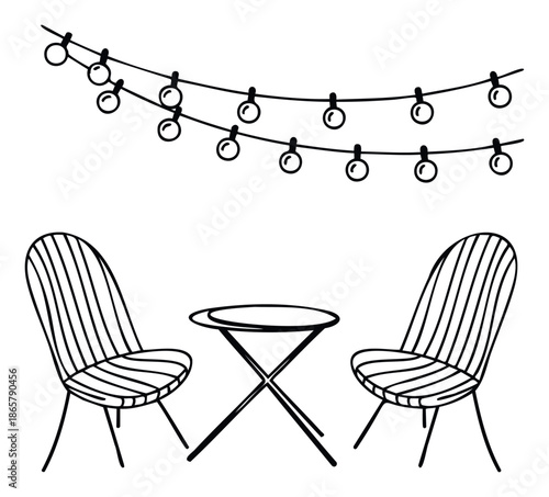 Simple outline drawing of an outdoor cafe setup featuring two chairs and a round table under decorative string lights, perfect for relaxed dining and patio scenes.