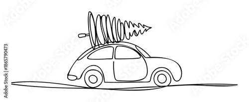 Simple black line drawing of a car carrying a Christmas tree on its roof, ideal for holiday season marketing campaigns and festive greeting designs.