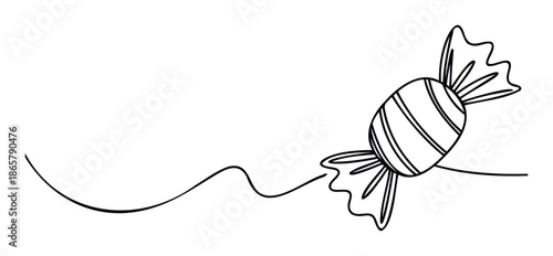 Simple continuous line drawing of a wrapped candy with a wavy streamer, perfect for childrens activities, party invitations, or sweet themed graphic projects