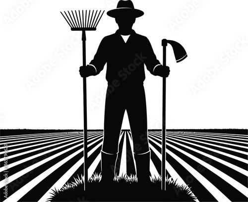 Farmer standing in field with rake and hoe silhouette illustration