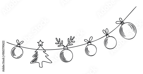 Elegant black line drawing showcasing a garland of diverse Christmas ornaments, a holiday tree, and whimsical reindeer antlers, perfect for winter season marketing and invitations.