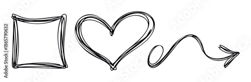 Playful scribbled line drawings of common symbols like a rectangle, heart, and arrow for presentations, social media graphics, and decorative accents.