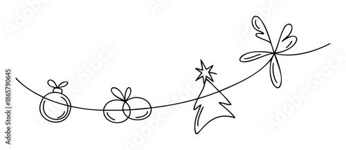 Continuous line drawing of a festive Christmas garland featuring a classic ornament, multiple baubles, a startopped tree, and a charming leafy sprig, ideal for holiday greeting cards and