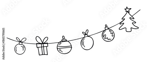 A playful hand drawn Christmas garland with various festive ornaments a gift box and a Christmas tree on a decorative line perfect for holiday greeting designs seasonal promotions and party