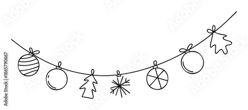 Festive hanging garland featuring various decorative Christmas ornaments like balls, trees, and snowflakes perfect for holiday celebration graphics, seasonal greetings, and winter event