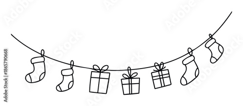 Simple line drawing of Christmas stockings and gift boxes hanging on a string, perfect for holiday greetings, festive decorations, or seasonal event invitations.