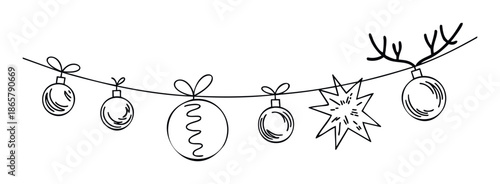 Charming festive garland adorned with various Christmas baubles, a sparkling star, and playful reindeer antlers, creating a cheerful atmosphere for holiday greeting cards or winter