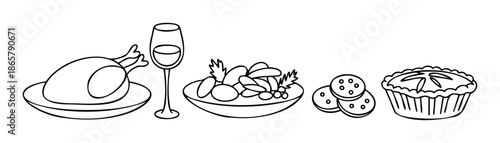 Delicious holiday dinner spread featuring roasted chicken, fresh salad, sweet cookies, and fruit pie, perfect for festive event promotions and culinary menus