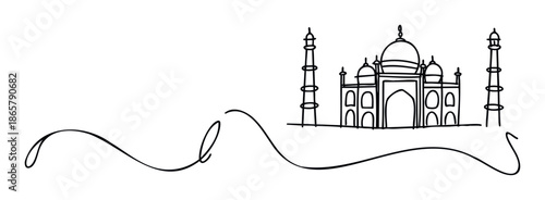 Continuous line drawing depicting an iconic Indian monument with domes and minarets, ideal for travel agency presentations or cultural event promotion