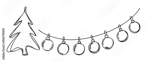 Single line drawing featuring a symbolic Christmas tree and decorative bauble ornaments strung along a curved rope, ideal for holiday season marketing materials or winter celebration