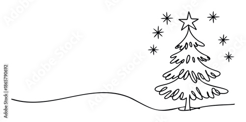Minimalist continuous line drawing of a cheerful evergreen tree with a bright star on top and sparkling stars around, ideal for winter holiday projects, seasonal event promotions, and